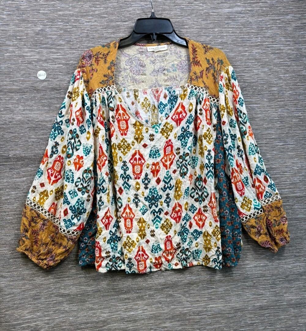 Farmers Market Peasant Top Womens Sz 2X Balloon Sleeve Mixed Pattern Hi-Low Hem
